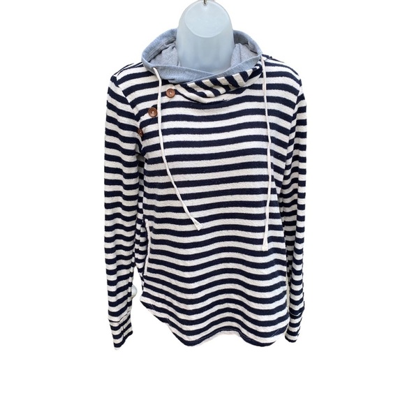 Tea N Rose Navy Blue and Cream Striped Terry Hoodie Size Small - Picture 3 of 16